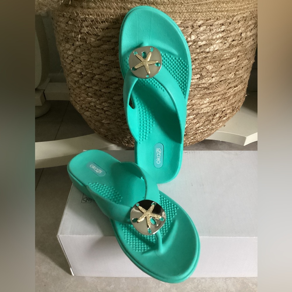 🏖️ OKA B Sandy flip flops turquoise silver EUC - Picture 6 of 9